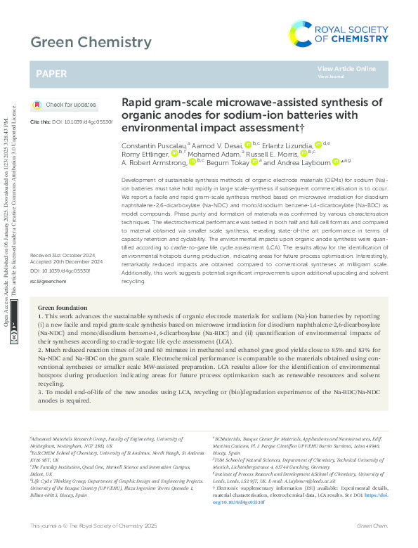 Rapid gram-scale microwave-assisted synthesis of organic anodes for sodium-ion batteries with environmental impact assessment Thumbnail