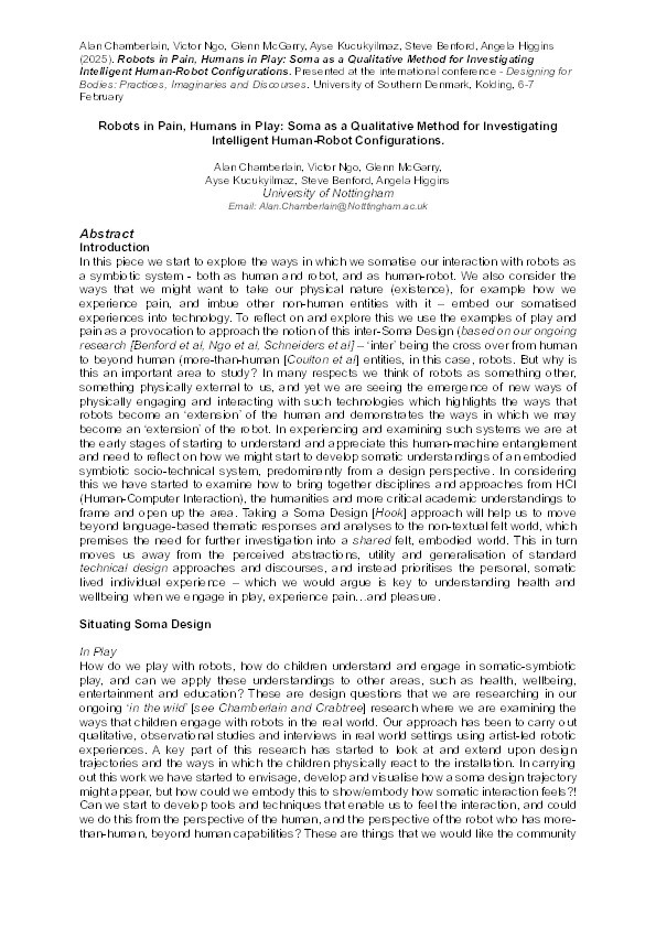 Robots in Pain, Humans in Play: Soma as a Qualitative Method for Investigating Intelligent Human-Robot Configurations Thumbnail