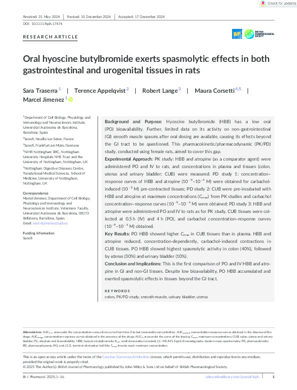 Oral hyoscine butylbromide exerts spasmolytic effects in both gastrointestinal and urogenital tissues in rats Thumbnail