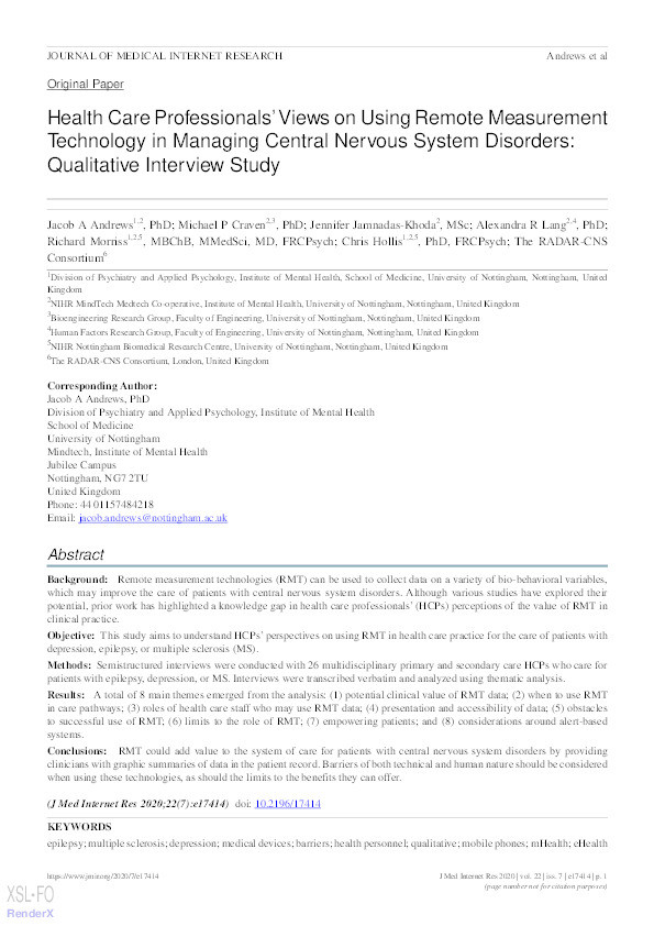 Healthcare professional views of implementing remote measurement technology in central nervous system disorders: A qualitative interview study (Preprint) Thumbnail