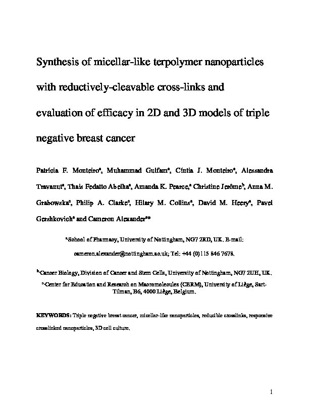 Synthesis of micellar-like terpolymer nanoparticles with reductively-cleavable cross-links and evaluation of efficacy in 2D and 3D models of triple negative breast cancer Thumbnail