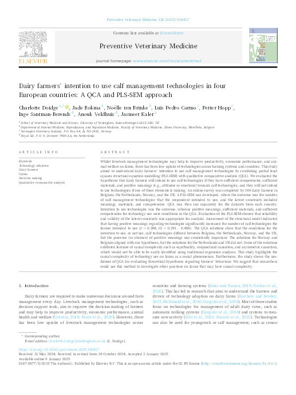 Dairy farmers’ intention to use calf management technologies in four European countries: A QCA and PLS-SEM approach Thumbnail