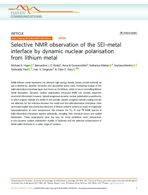 Selective NMR observation of the SEI–metal interface by dynamic nuclear polarisation from lithium metal Thumbnail