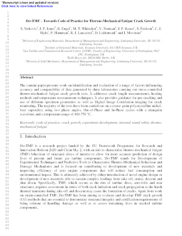 DevTMF – Towards code of practice for thermo-mechanical fatigue crack growth Thumbnail