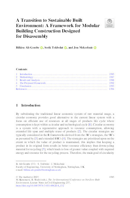 A Transition to Sustainable Built Environment: A Framework for Modular Building Construction Designed for Disassembly Thumbnail