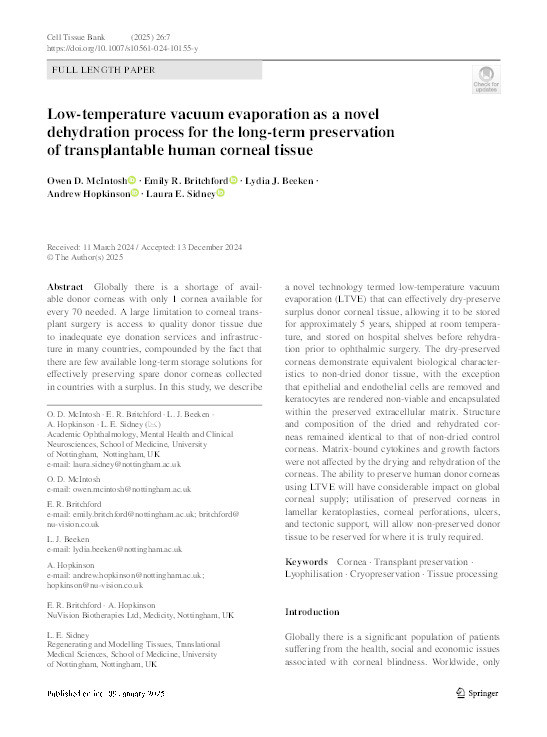 Low-temperature vacuum evaporation as a novel dehydration process for the long-term preservation of transplantable human corneal tissue Thumbnail