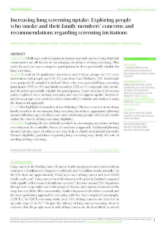 Increasing lung screening uptake: Exploring people who smoke and their family members’ concerns and recommendations regarding screening invitations Thumbnail