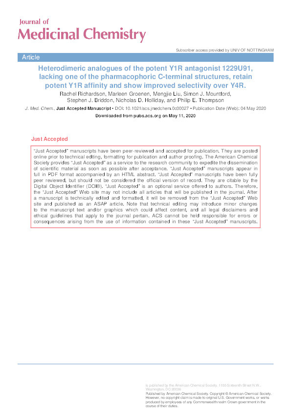 Heterodimeric Analogues of the Potent Y1R Antagonist 1229U91, Lacking One of the Pharmacophoric C-Terminal Structures, Retain Potent Y1R Affinity and Show Improved Selectivity over Y4R Thumbnail