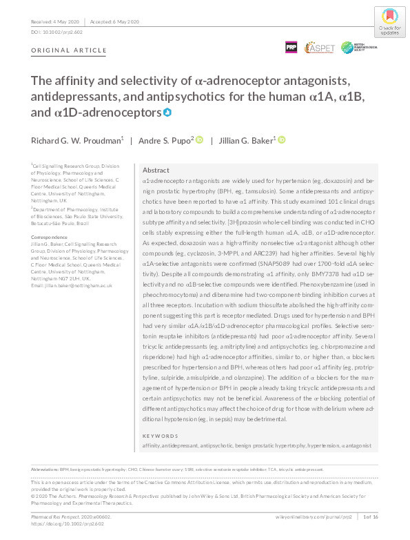 The affinity and selectivity of ?-adrenoceptor antagonists, antidepressants, and antipsychotics for the human ?1A, ?1B, and ?1D-adrenoceptors Thumbnail