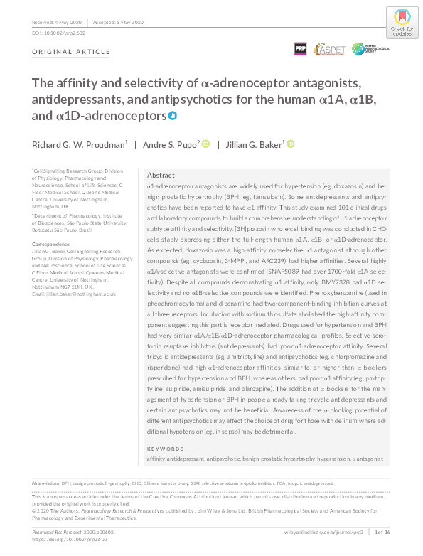 The affinity and selectivity of α-adrenoceptor antagonists, antidepressants, and antipsychotics for the human α1A, α1B, and α1D-adrenoceptors Thumbnail