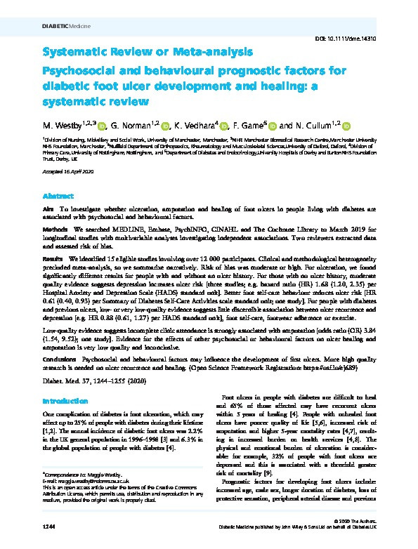 Psychosocial and behavioural prognostic factors for diabetic foot ulcer development and healing: a systematic review Thumbnail