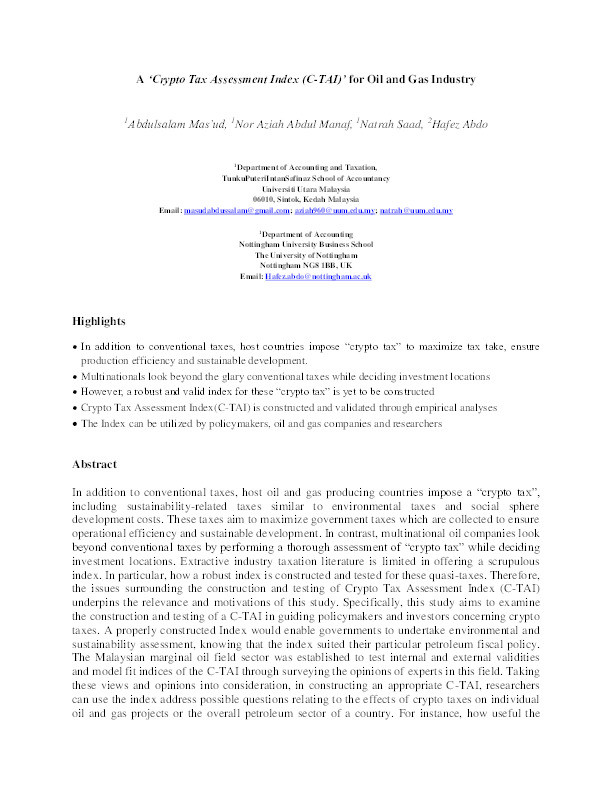 A ‘Crypto Tax Assessment Index (C-TAI)’ for oil and gas industry Thumbnail