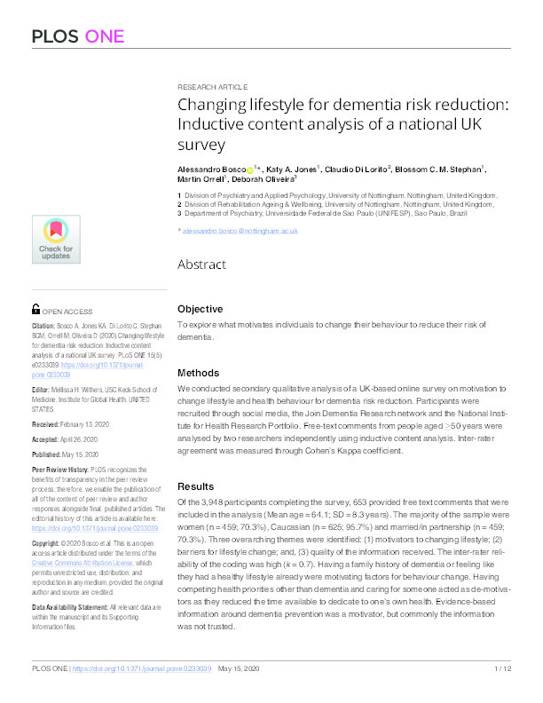 Changing lifestyle for dementia risk reduction: Inductive content analysis of a national UK survey Thumbnail