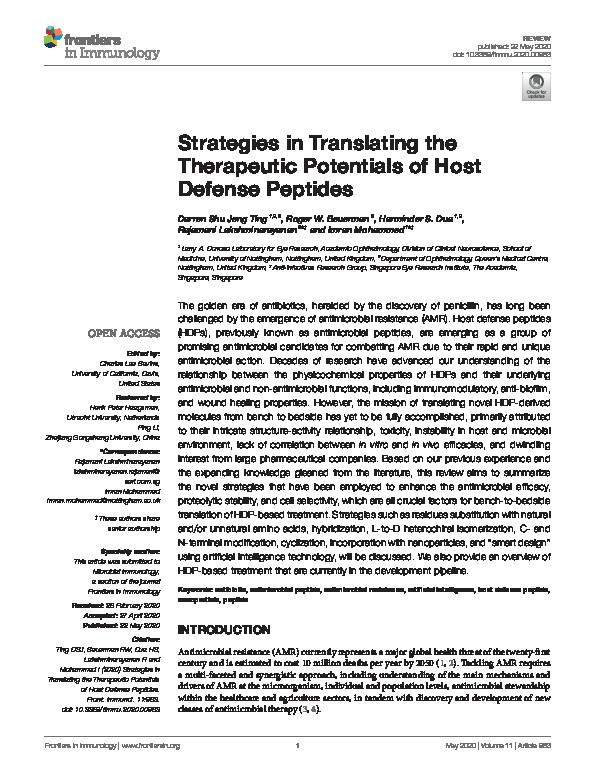 Strategies in Translating the Therapeutic Potentials of Host Defense Peptides Thumbnail