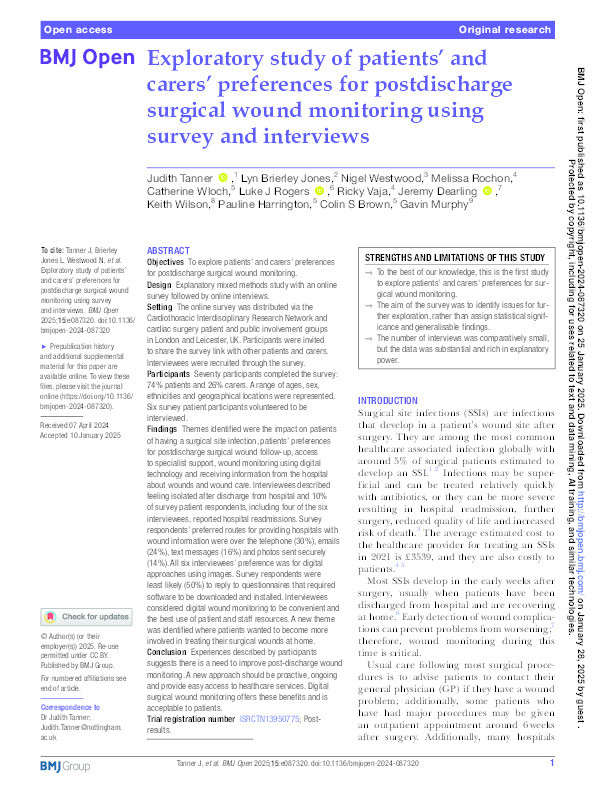 An exploratory study of patients’ and carers’ preferences for post-discharge surgical wound monitoring using survey and interviews Thumbnail