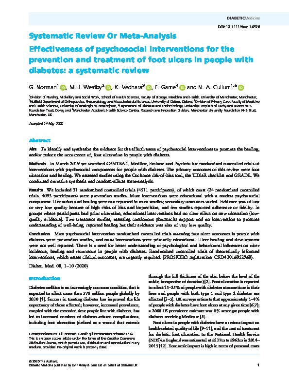 Effectiveness of psychosocial interventions for the prevention and treatment of foot ulcers in people with diabetes: a systematic review Thumbnail