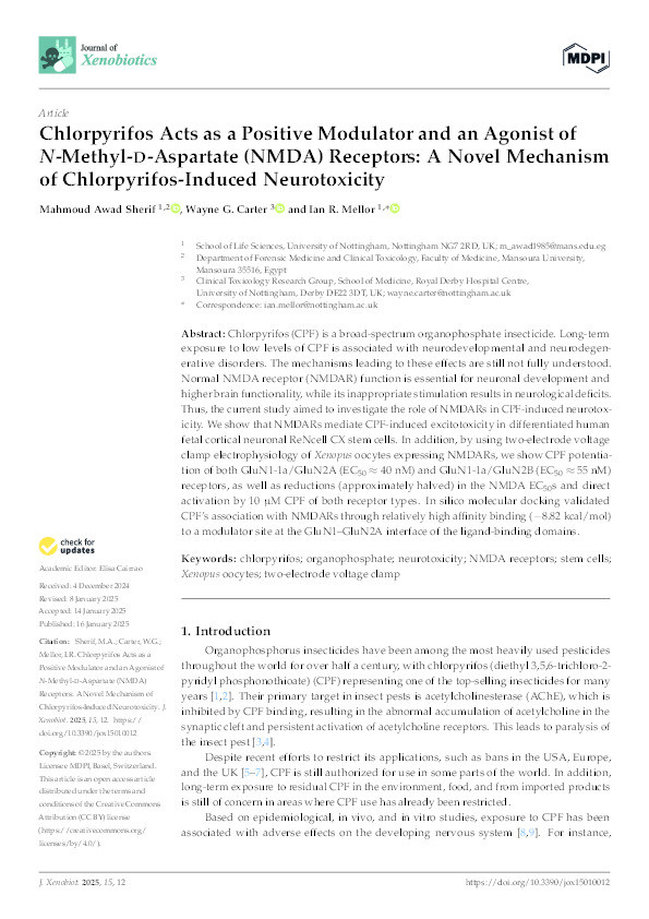 Chlorpyrifos Acts as a Positive Modulator and an Agonist of N-Methyl-d-Aspartate (NMDA) Receptors: A Novel Mechanism of Chlorpyrifos-Induced Neurotoxicity Thumbnail