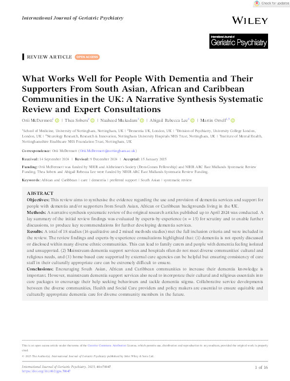 What Works Well for People With Dementia and Their Supporters From South Asian, African and Caribbean Communities in the UK: A Narrative Synthesis Systematic Review and Expert Consultations Thumbnail