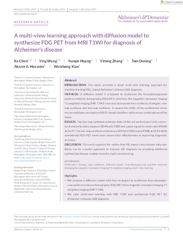 A multi-view learning approach with diffusion model to synthesize FDG PET from MRI T1WI for diagnosis of Alzheimer's disease Thumbnail