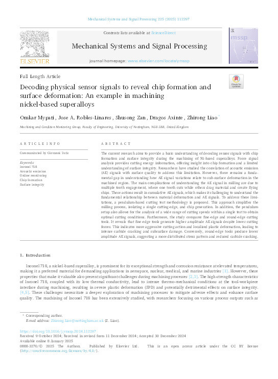 Decoding physical sensor signals to reveal chip formation and surface deformation: An example in machining nickel-based superalloys Thumbnail