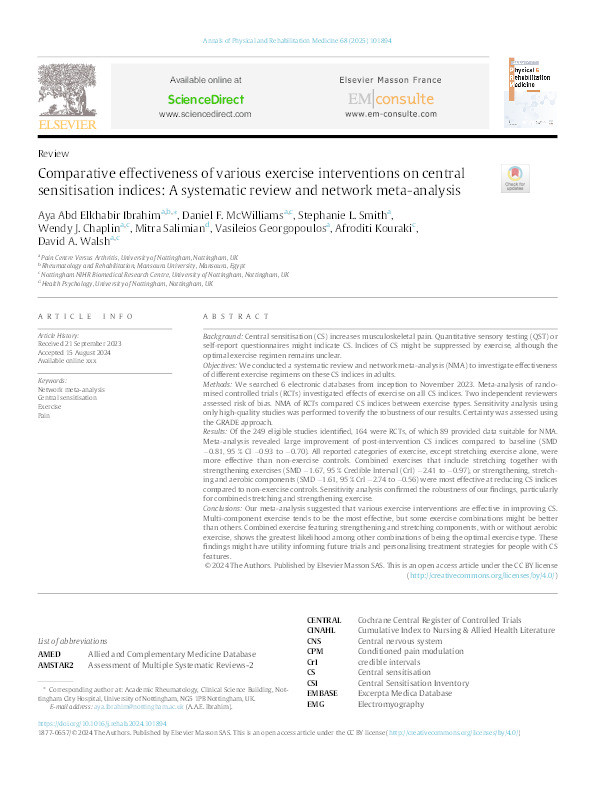 Comparative effectiveness of various exercise interventions on central sensitisation indices: A systematic review and network meta-analysis Thumbnail