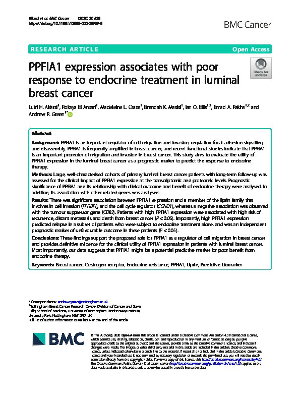 PPFIA1 expression associates with poor response to endocrine treatment in luminal breast cancer Thumbnail