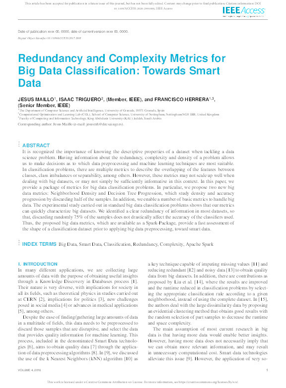Redundancy and Complexity Metrics for Big Data Classification: Towards Smart Data Thumbnail