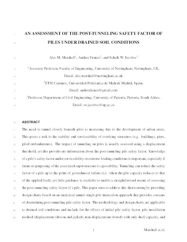 Assessment of the Posttunneling Safety Factor of Piles under Drained Soil Conditions Thumbnail