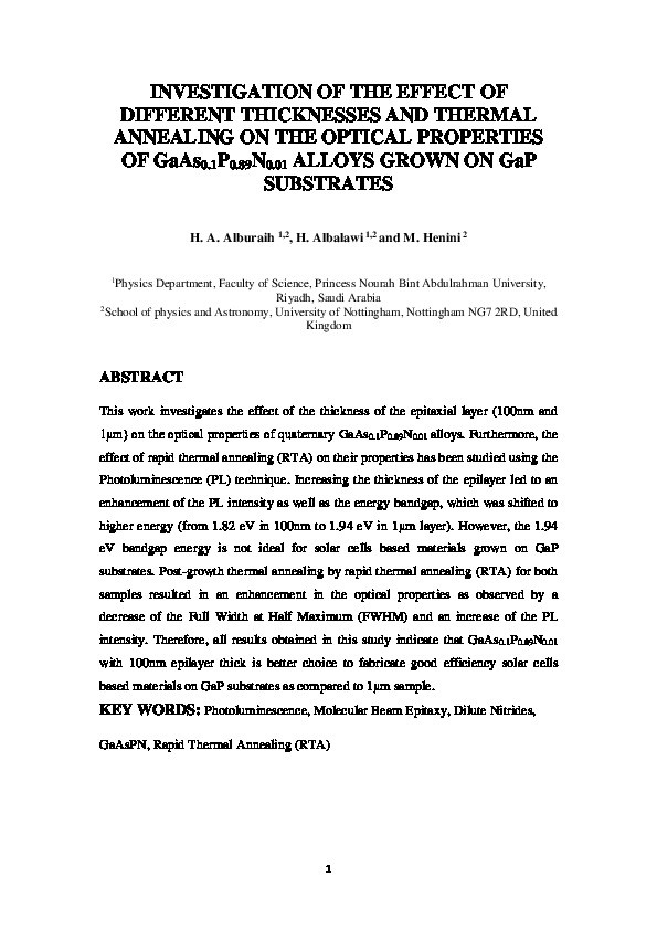 Investigation of the effect of different thicknesses and thermal annealing on the optical properties of GaAs0.1P0.89N0.01 alloys grown on GaP substrates Thumbnail