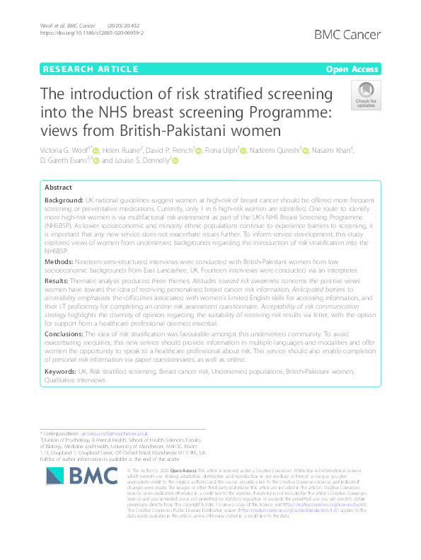 The introduction of risk stratified screening into the NHS Breast Screening Programme: Views from British-Pakistani women Thumbnail