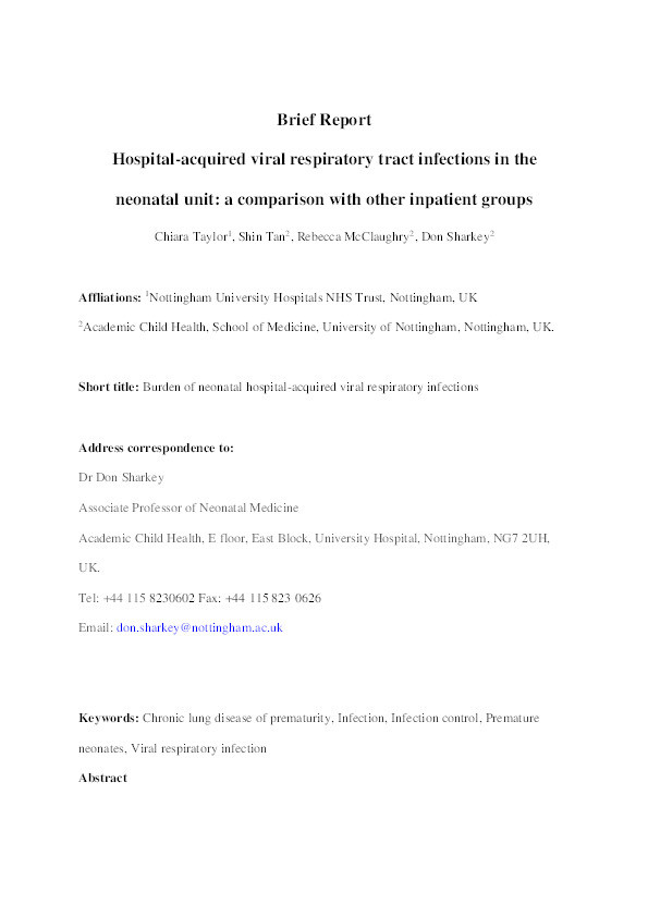 Hospital-Acquired Viral Respiratory Tract Infections in the Neonatal Unit: A Comparison with Other Inpatient Groups Thumbnail