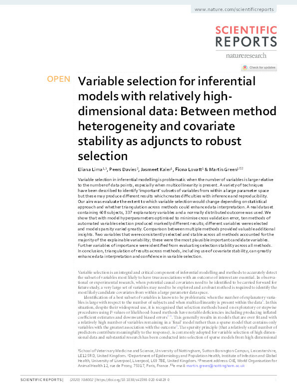 Variable selection for inferential models with relatively high-dimensional data: Between method heterogeneity and covariate stability as adjuncts to robust selection Thumbnail