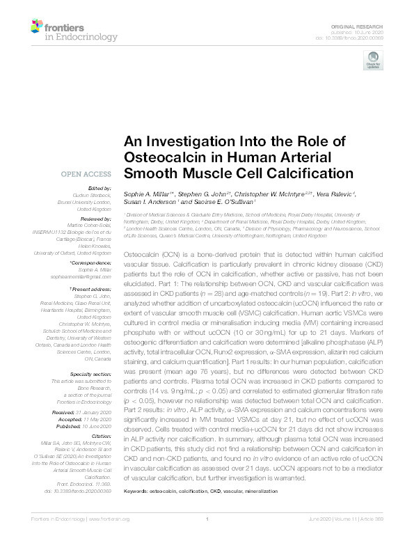 An Investigation Into the Role of Osteocalcin in Human Arterial Smooth Muscle Cell Calcification Thumbnail