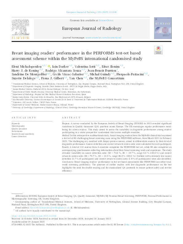 Breast imaging readers’ performance in the PERFORMS test-set based assessment scheme within the MyPeBS international randomised study Thumbnail