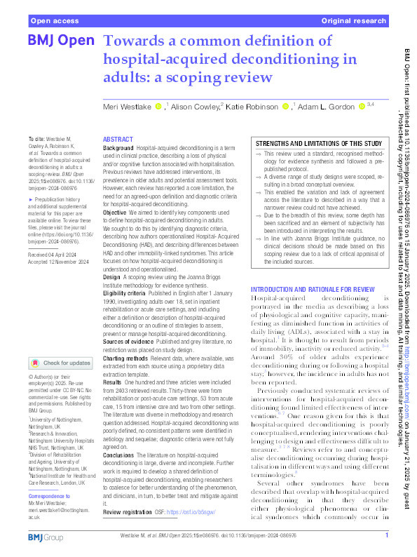 Towards a common definition of hospital-acquired deconditioning in adults: a scoping review Thumbnail