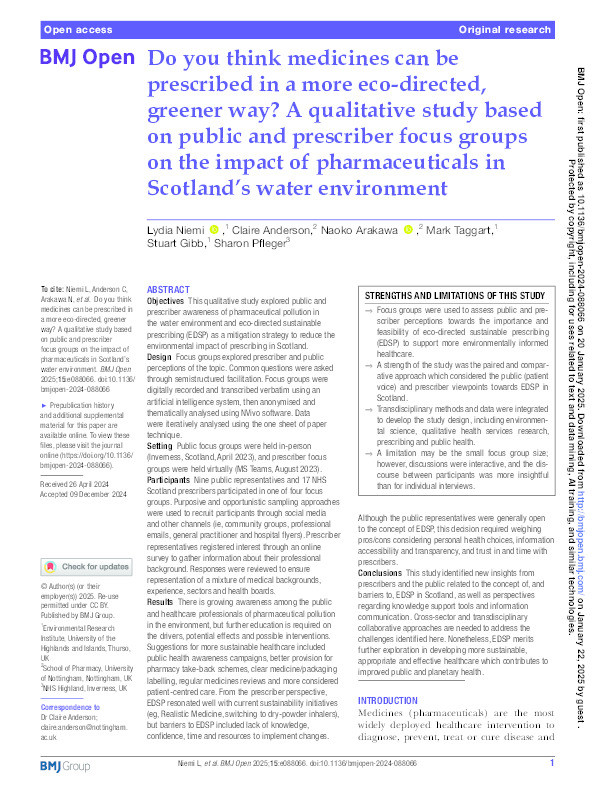 Do you think medicines can be prescribed in a more eco-directed, greener way? A qualitative study based on public and prescriber focus groups on the impact of pharmaceuticals in Scotland’s water environment Thumbnail