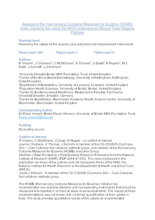 Assessing uptake of the Harmonising Outcome Measures for Eczema (HOME) Core Outcome Set and recommended instruments Thumbnail