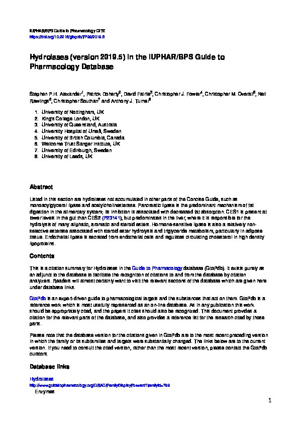 Hydrolases (version 2019.5) in the IUPHAR/BPS Guide to Pharmacology Database Thumbnail