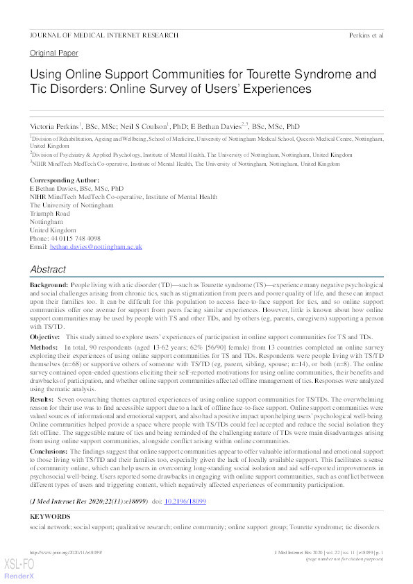 Using Online Support Communities for Tourette Syndrome and Tic Disorders: Online Survey of Users' Experiences Thumbnail