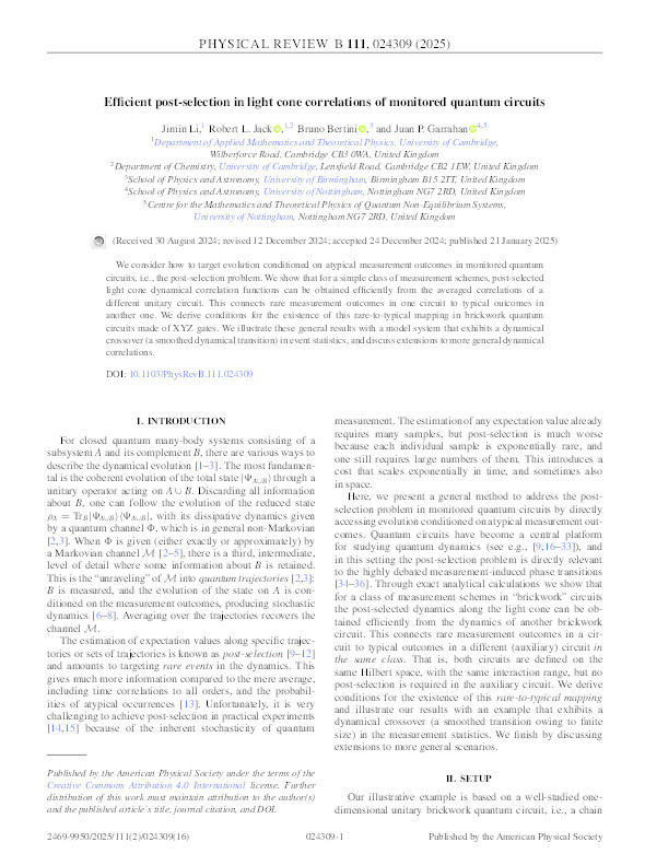 Efficient post-selection in light cone correlations of monitored quantum circuits Thumbnail