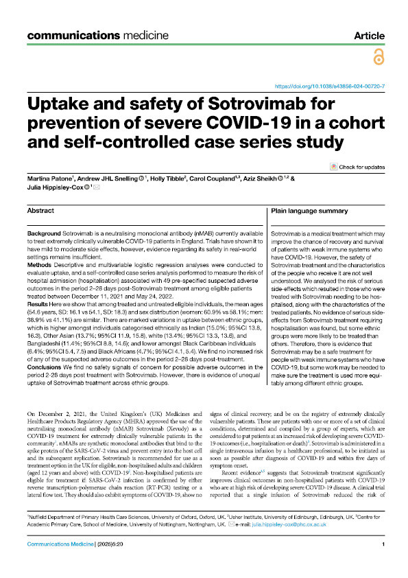 Uptake and safety of Sotrovimab for prevention of severe COVID-19 in a cohort and self-controlled case series study Thumbnail