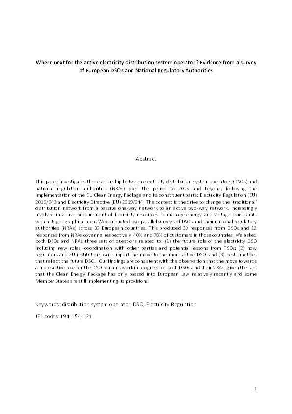 Where next for the electricity distribution system operator? Evidence from a survey of European DSOs and National Regulatory Authorities Thumbnail