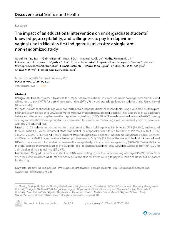 The impact of an educational intervention on undergraduate students' knowledge, acceptability, and willingness to pay for dapivirine vaginal ring in Nigeria's first indigenous university: a single-arm, non-randomized study Thumbnail