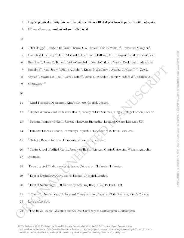 Digital physical activity intervention via the Kidney BEAM platform in patients with polycystic kidney disease: a randomised controlled trial Thumbnail