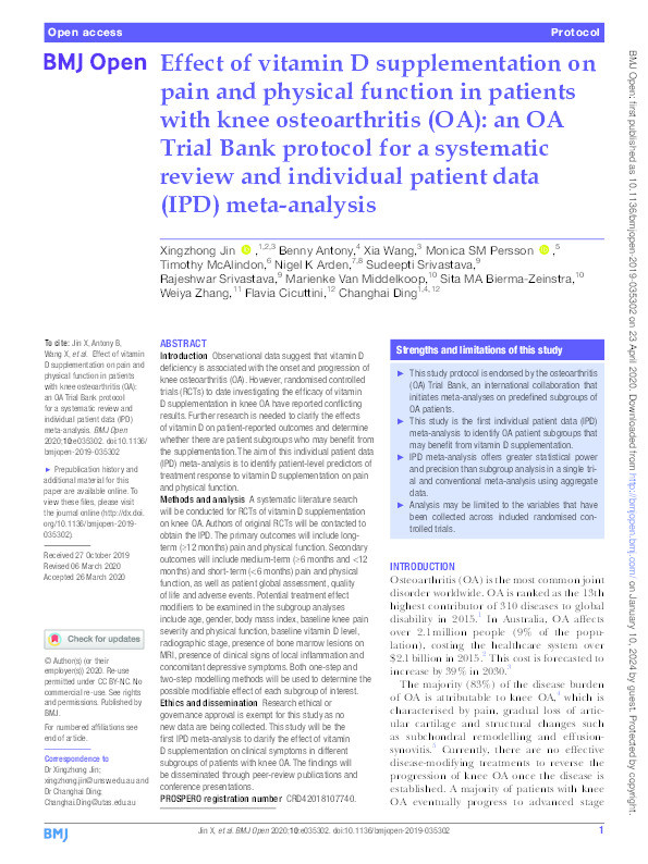 Effect of vitamin D supplementation on pain and physical function in patients with knee osteoarthritis (OA): an OA Trial Bank protocol for a systematic review and individual patient data (IPD) meta-analysis Thumbnail