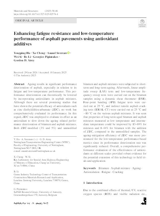 Enhancing fatigue resistance and low-temperature performance of asphalt pavements using antioxidant additives Thumbnail