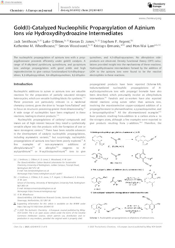 Gold(I)‐Catalyzed Nucleophilic Propargylation of Azinium Ions via Hydroxydihydroazine Intermediates Thumbnail