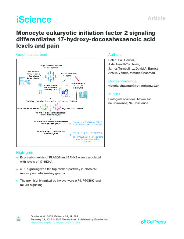 Monocyte eukaryotic initiation factor 2 (EIF2) signalling differentiates 17-hydroxy-docosahexaenoic acid levels and pain Thumbnail