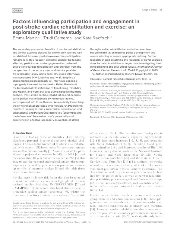 Factors influencing participation and engagement in post-stroke cardiac rehabilitation and exercise: an exploratory qualitative study Thumbnail