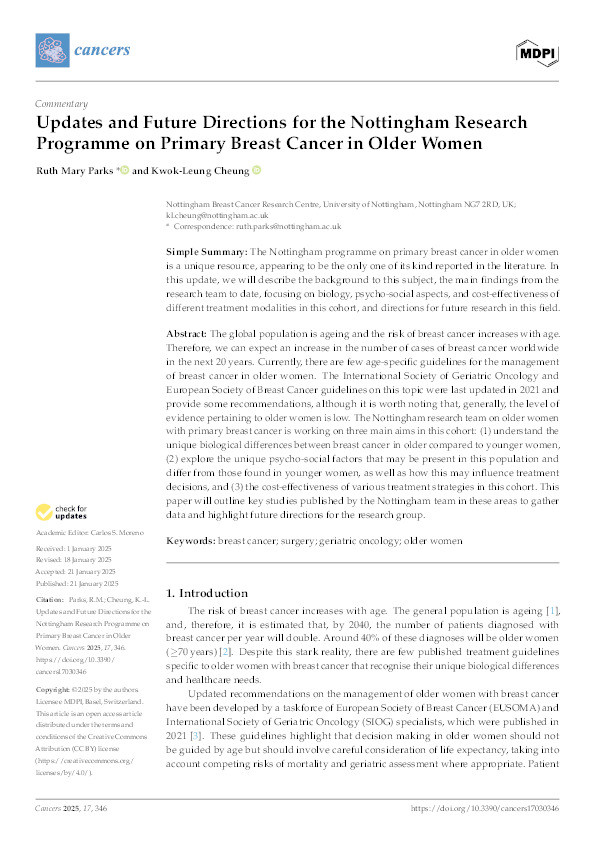 Updates and Future Directions for the Nottingham Research Programme on Primary Breast Cancer in Older Women Thumbnail